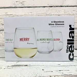 The Cellar Stemless Wine Glasses‎ Set of 4 Christmas Holiday Sayings New